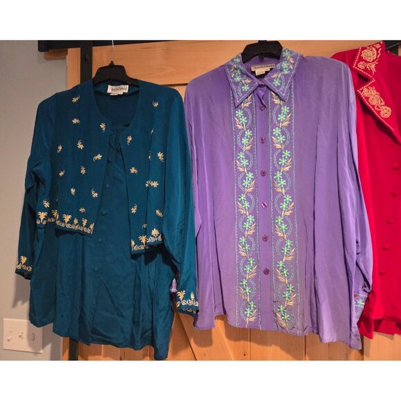 Vintage Lot of 5 Dian Von Furstenberg Size 1X Silk Button Embroidered Shirt - Picture 2 of 16